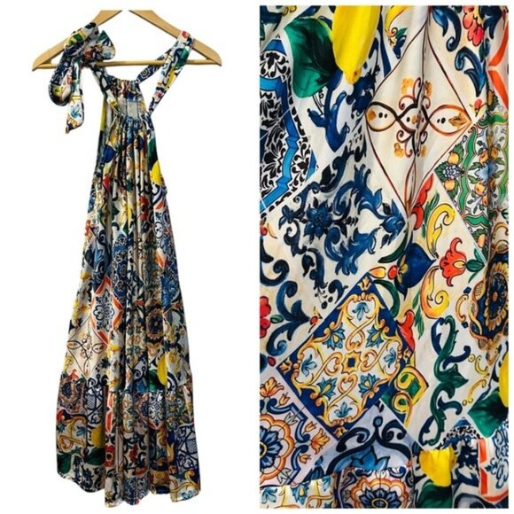 New Collection Italy Mosaic Tile Print Halter Maxi Dress Multicolor Size Small - Picture 1 of 10